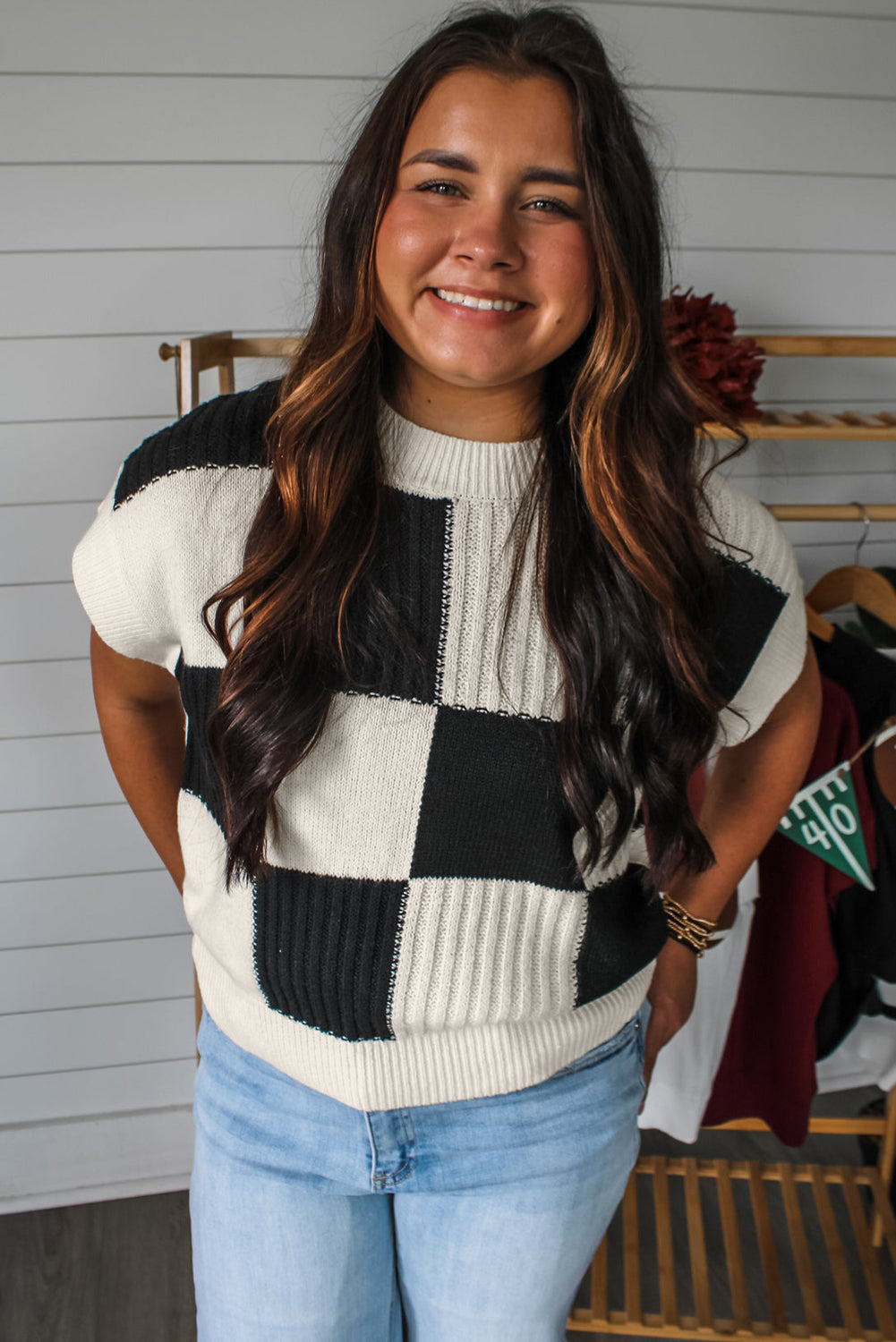 Checkered Short Sleeve Sweater