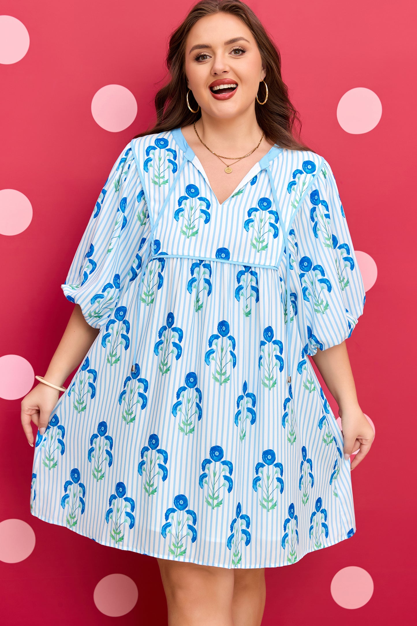 Floral Striped Bubble Short Sleeve Plus Size Dress