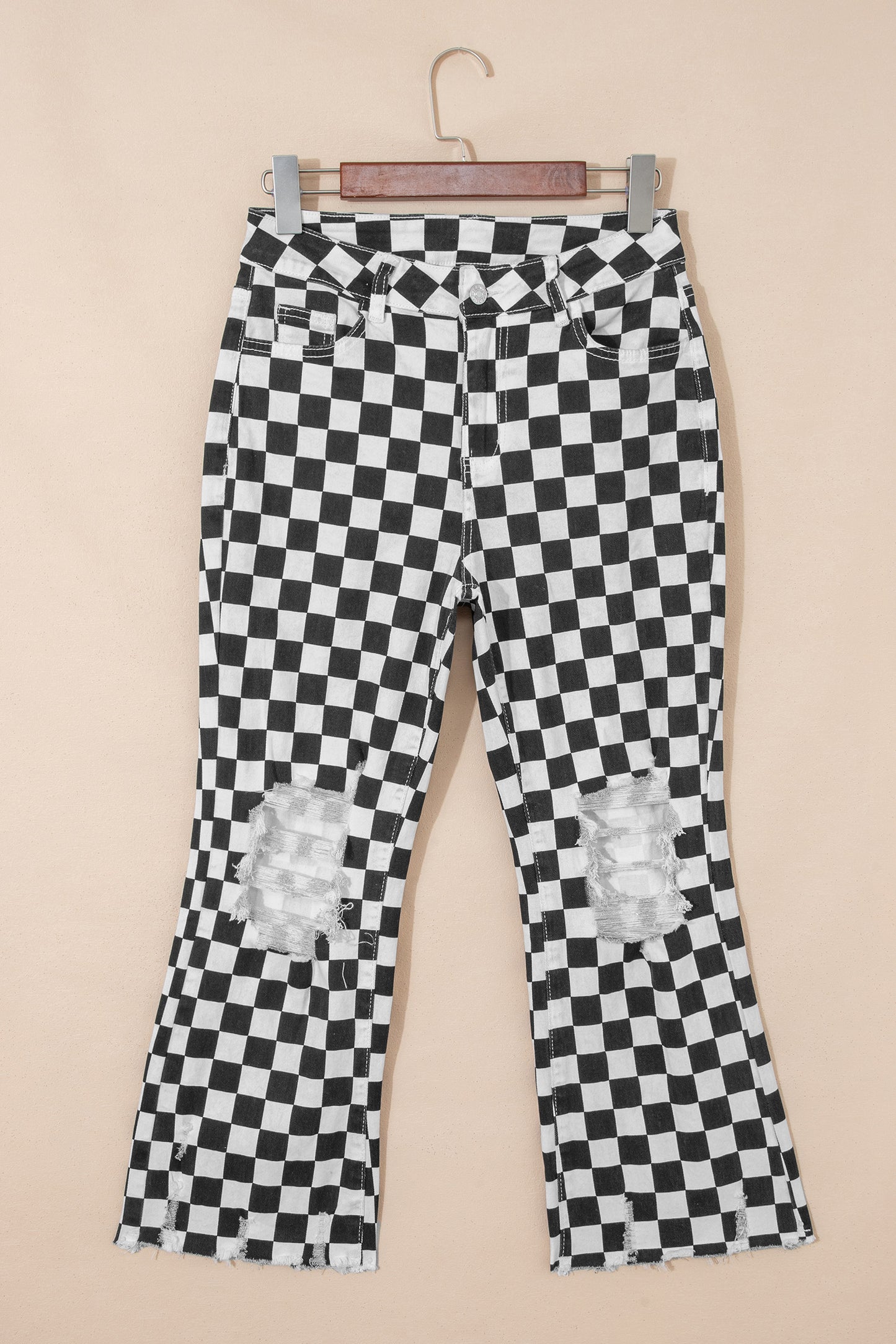 Checkerboard  Distressed  Raw Edge Cropped Jeans