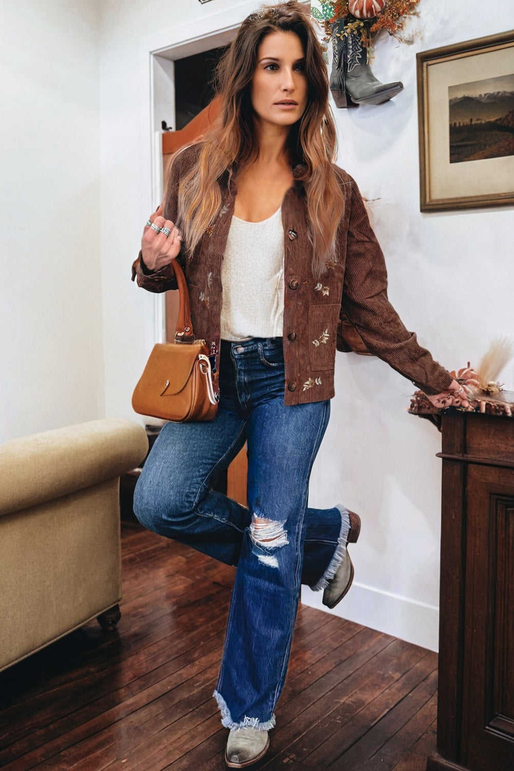 Embroidered Collar Button Front Corduroy Jacket With Pocket