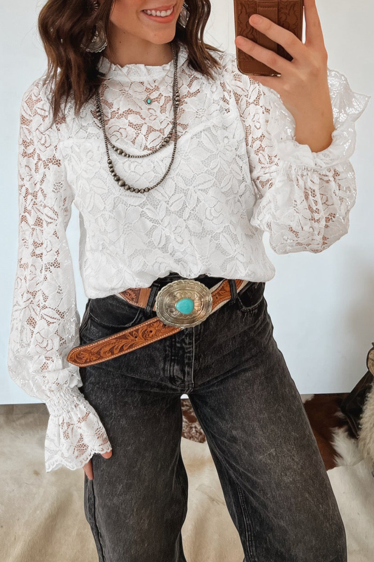 Ruffled Sheer Lace Blouse