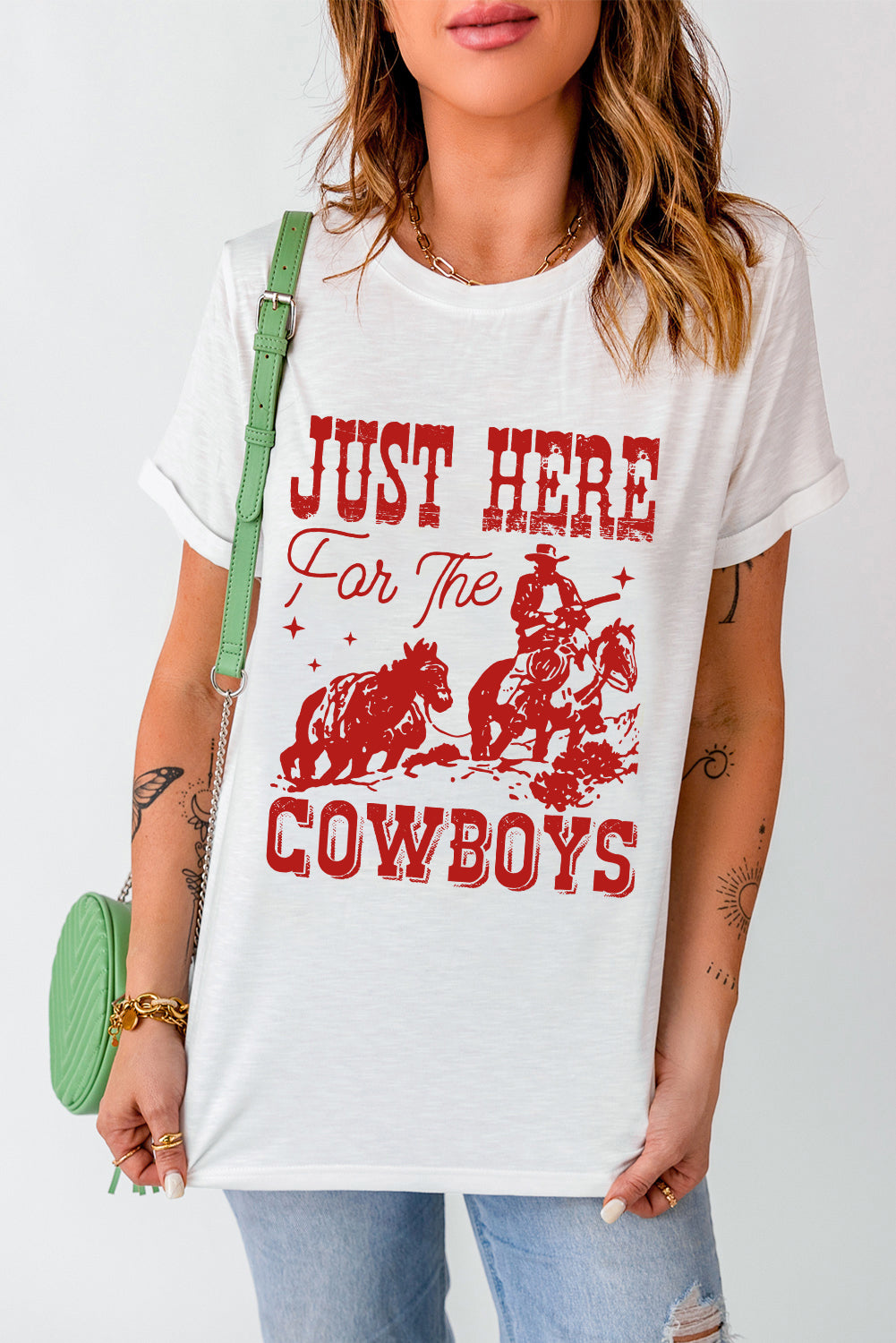 JUST HERE For THE COWBOY Cuffed Sleeve Crew Neck T Shirt