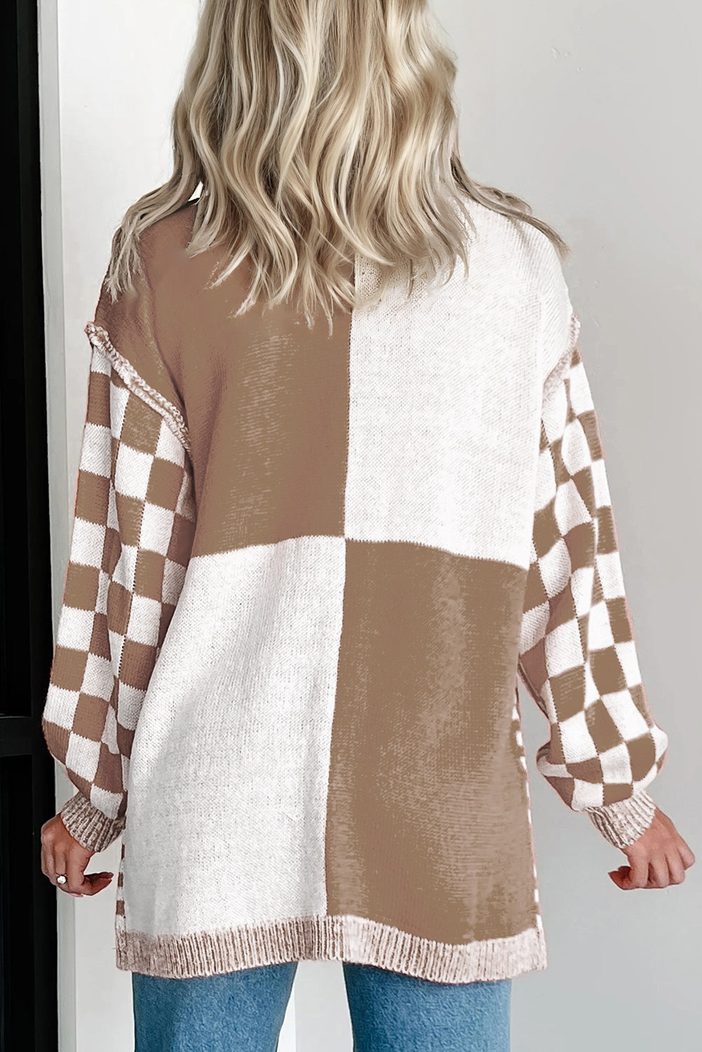 Checkered Bubble Sleeve Drop Shoulder Open Cardigan