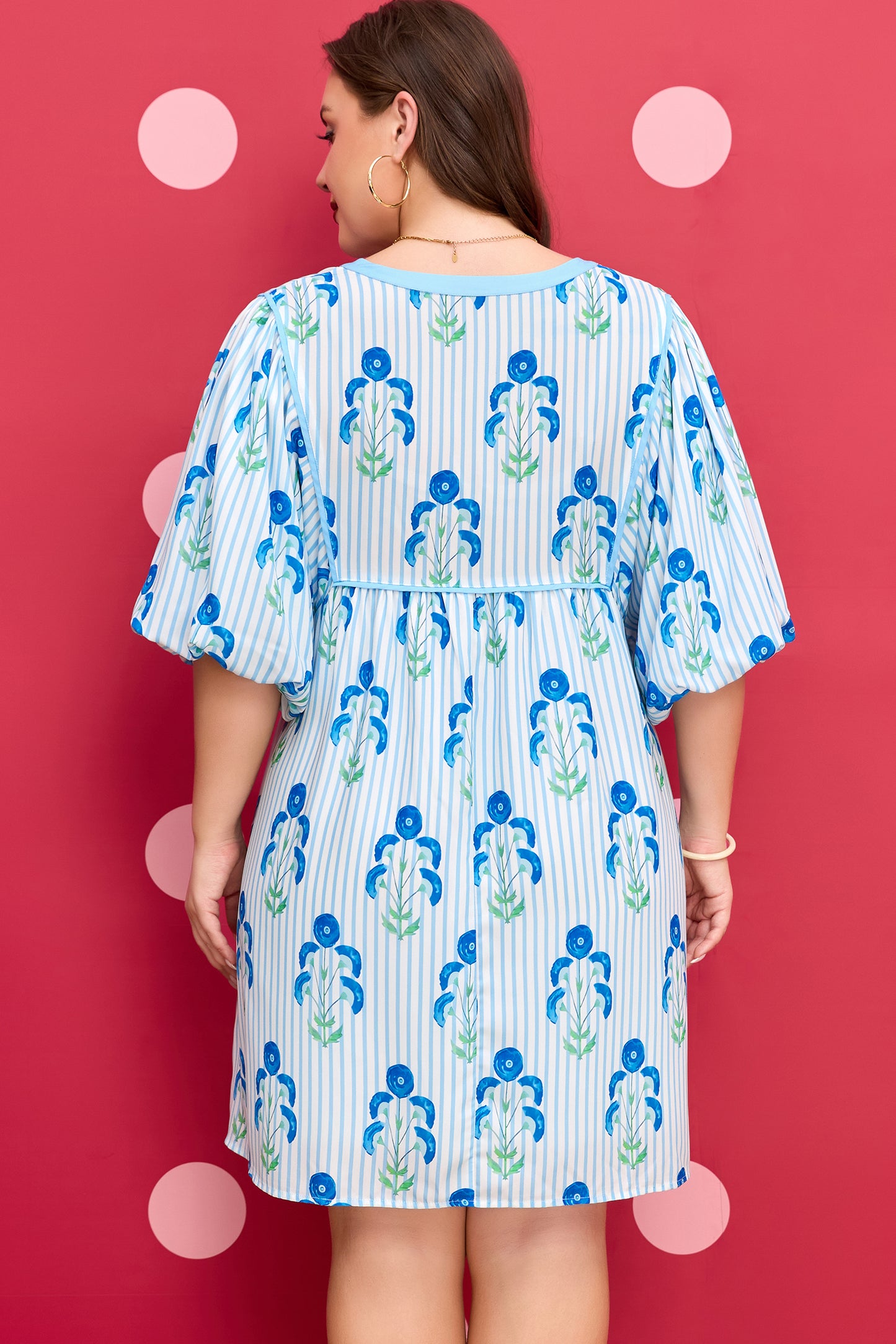 Floral Striped Bubble Short Sleeve Plus Size Dress