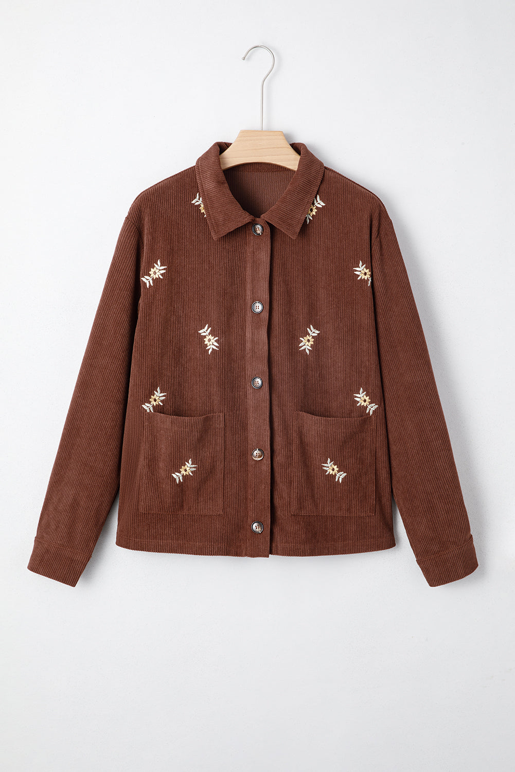 Embroidered Collar Button Front Corduroy Jacket With Pocket