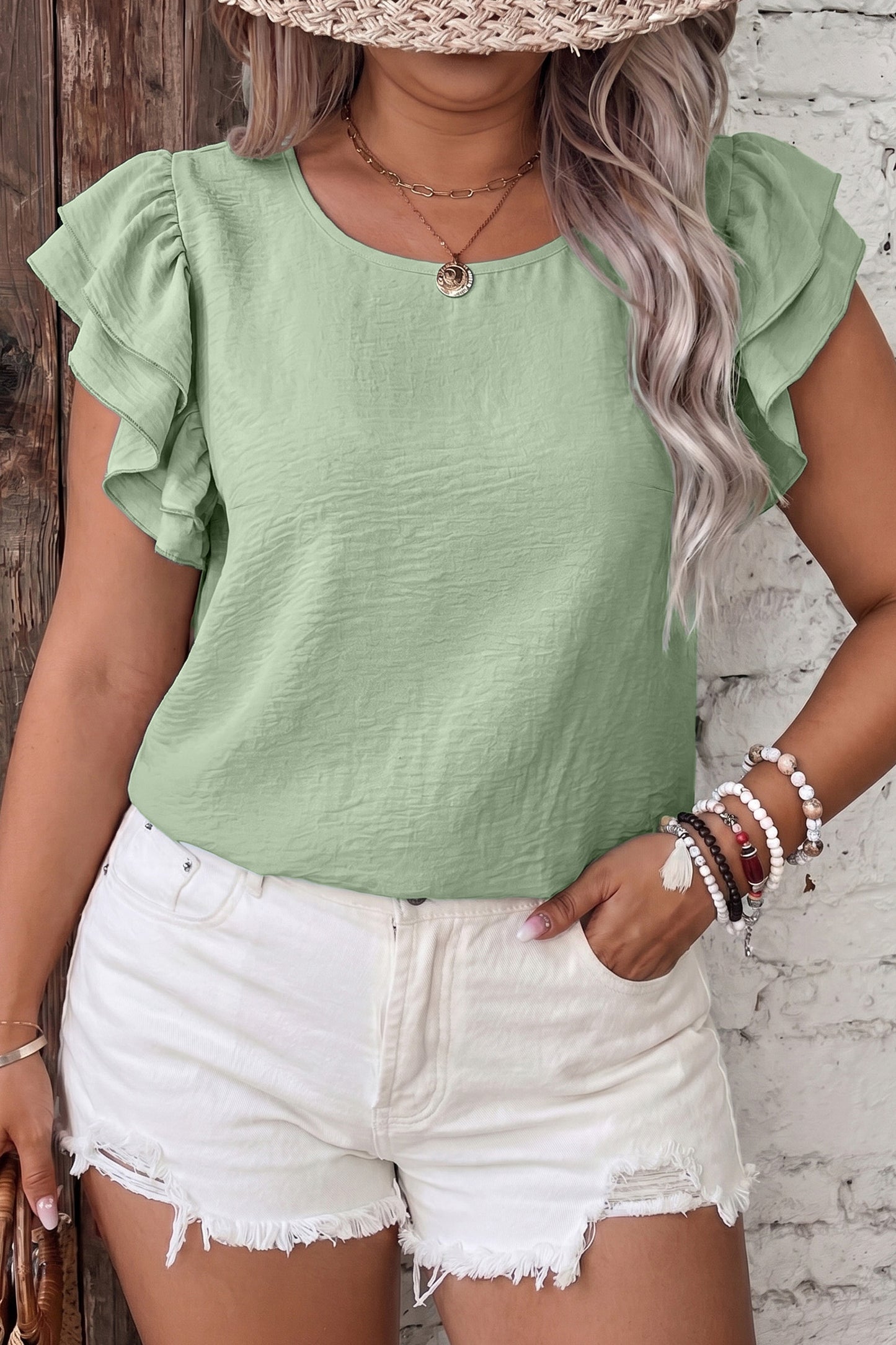 Plus Size Crew Neck Ruffle Sleeve Top
