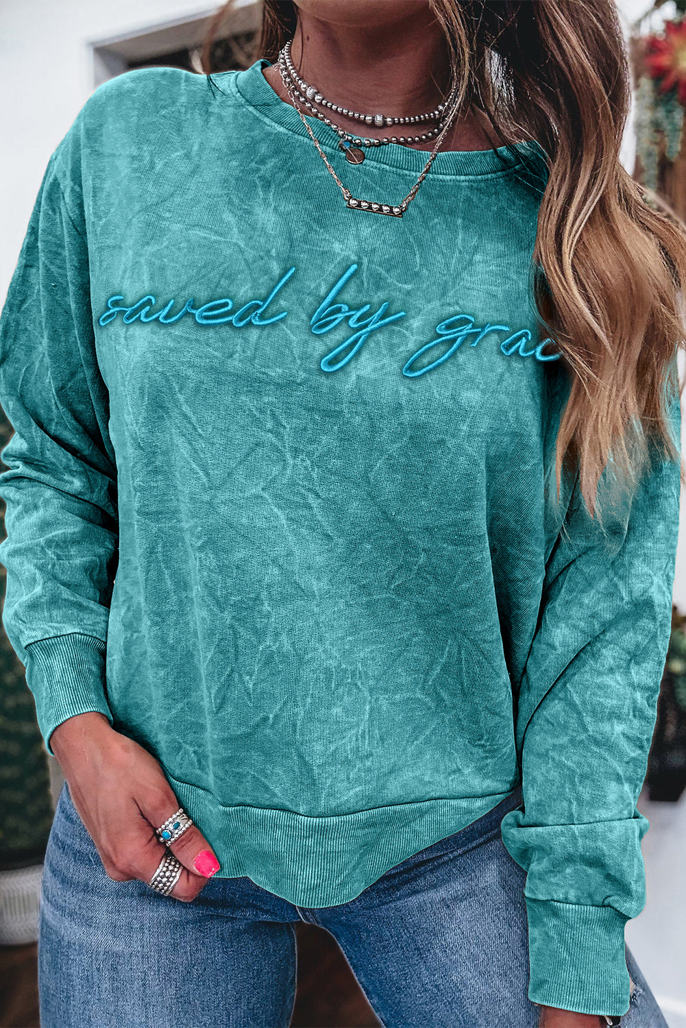saved by grace Letter Mineral Wash Loose Sweatshirt
