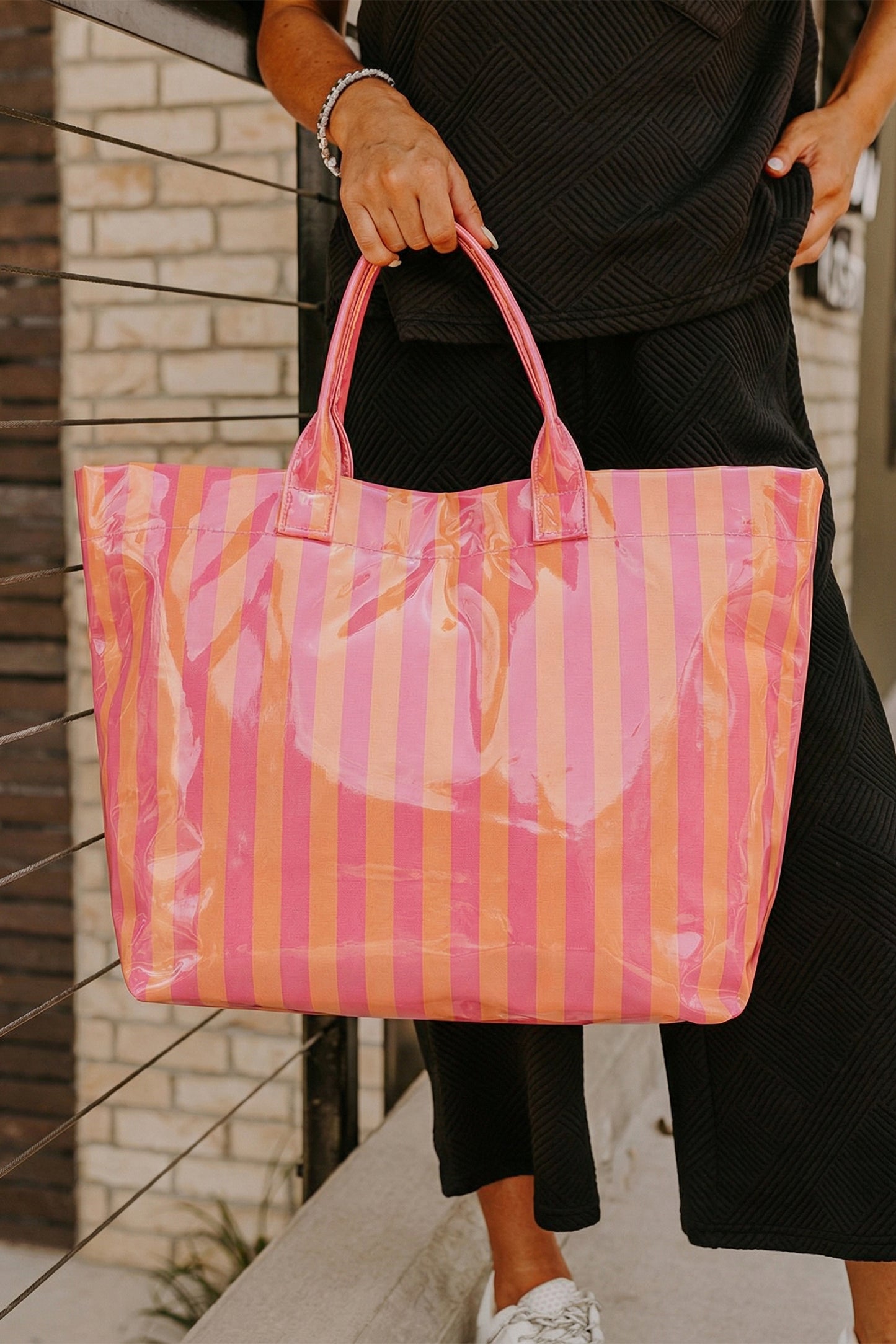 Color black Glossy Striped Vinyl Large Tote Bag (Color Varied)