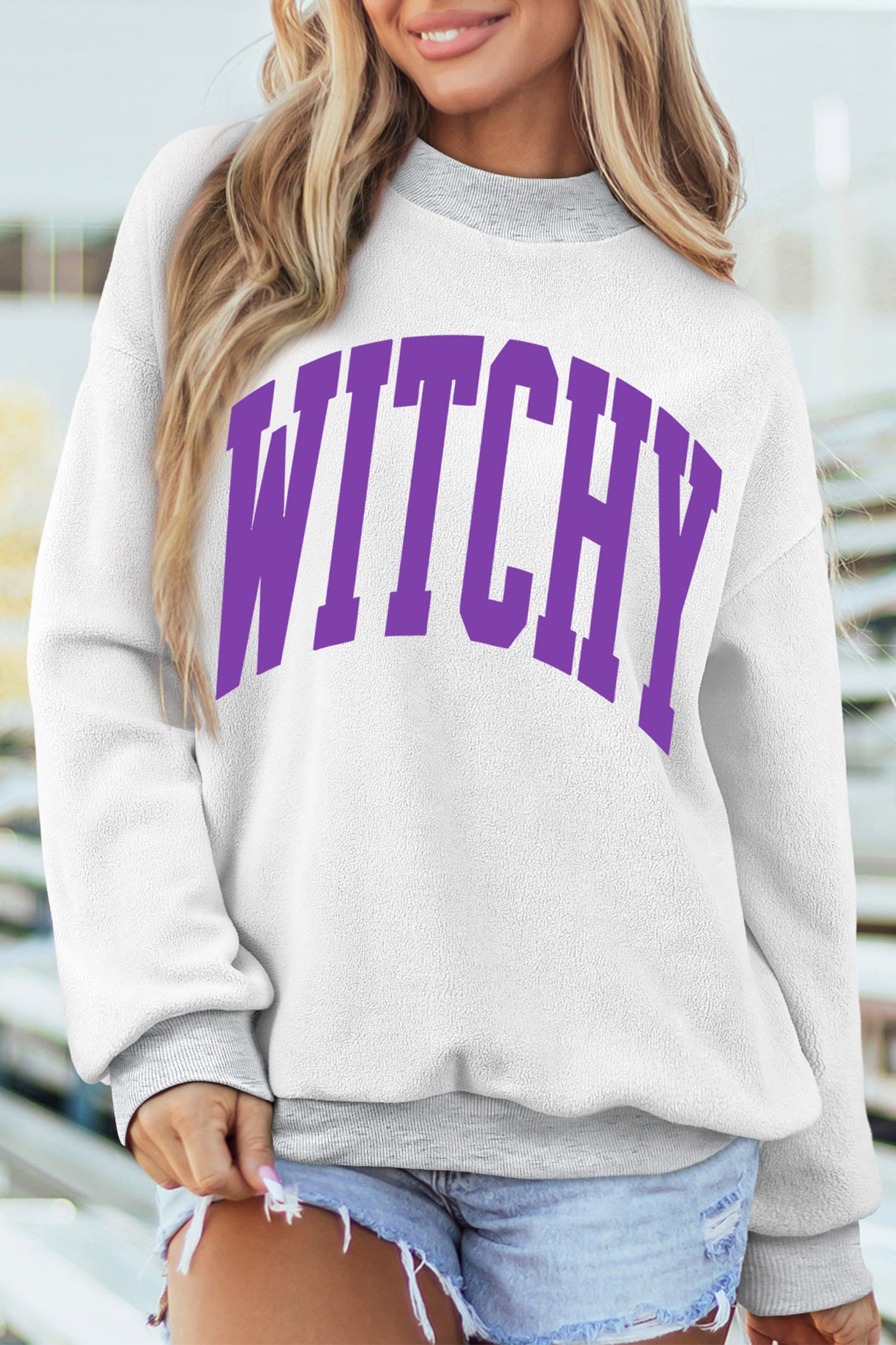 Light Grey Halloween Slogan Print Mock Neck Reversible Sweatshirt