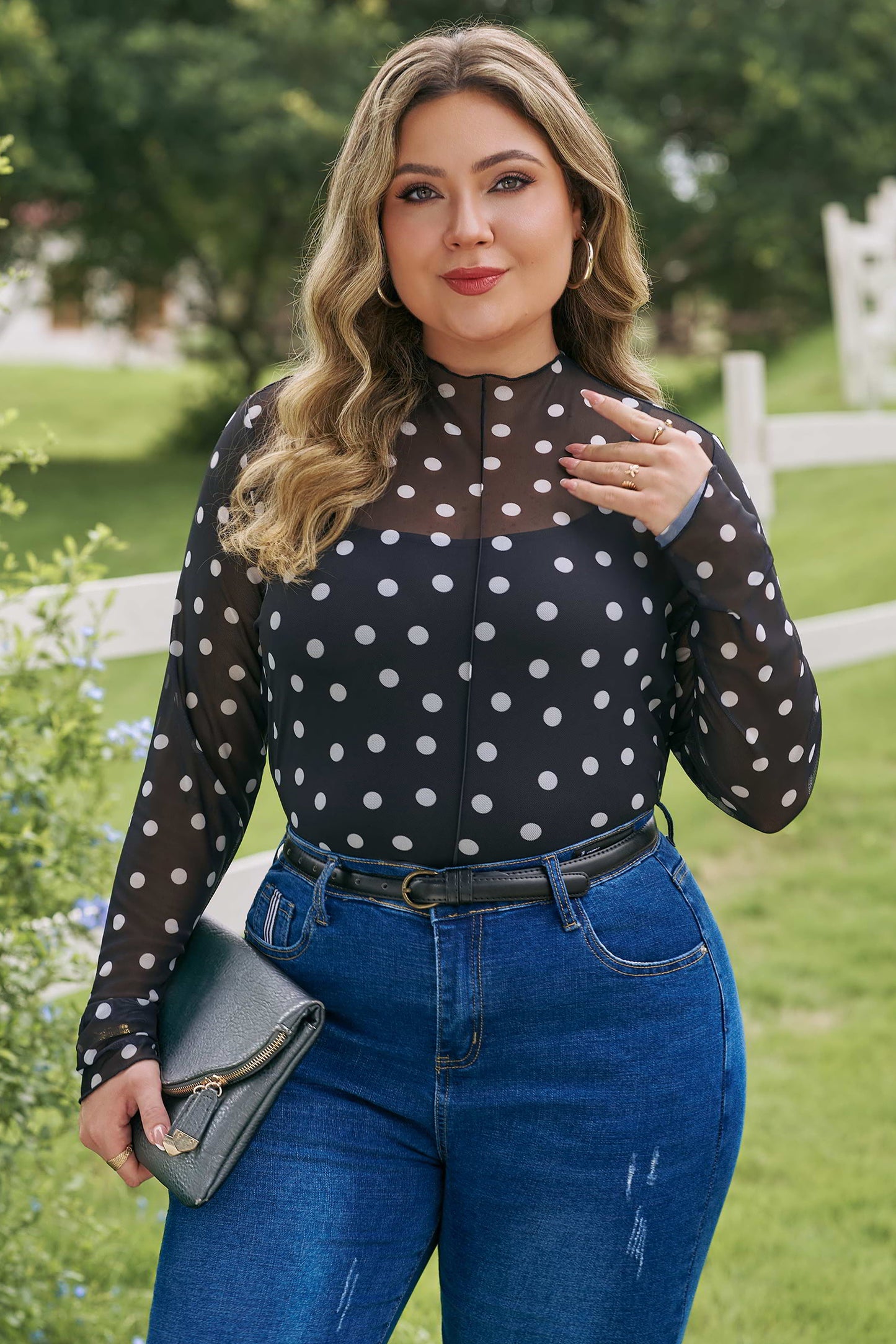 Mock Neck Polka Dot Long Sleeve Mesh Top