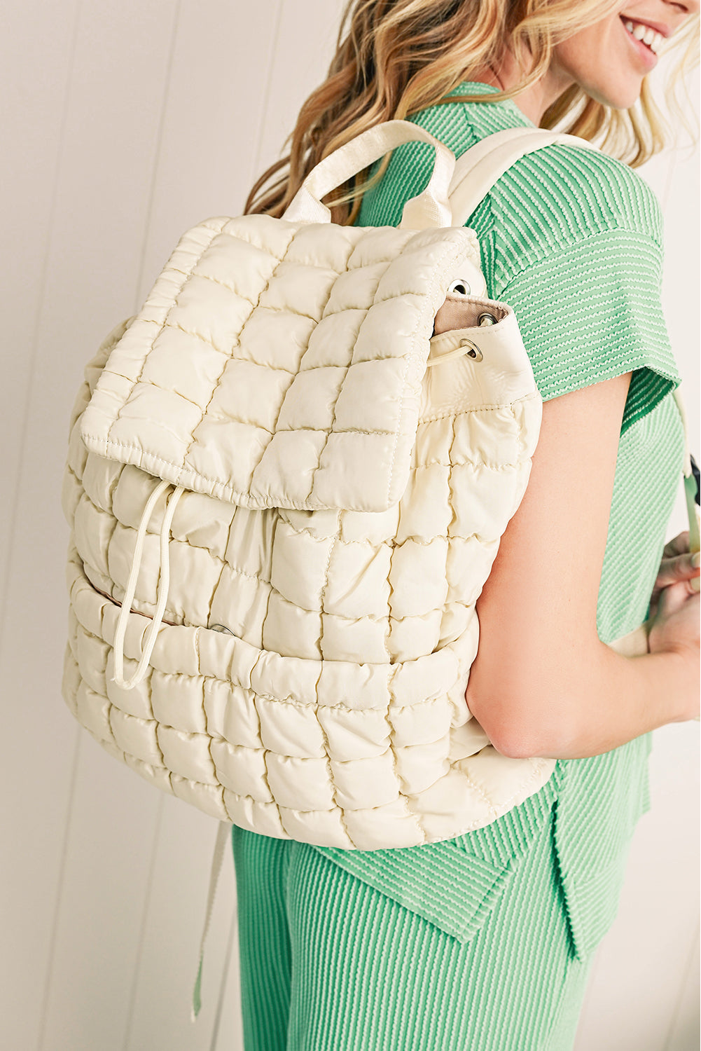 Medium Grey Solid Flapped Quilted Puffer Backpack