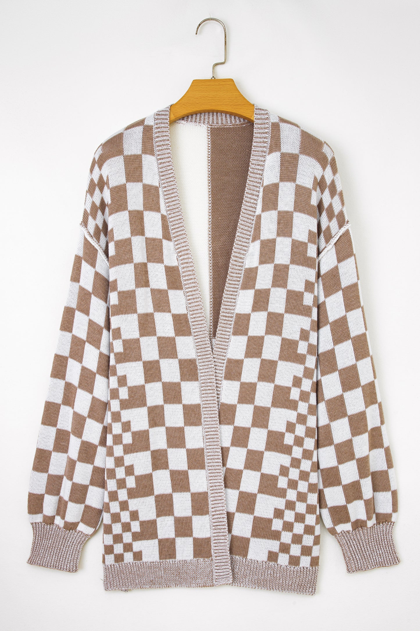Checkered Bubble Sleeve Drop Shoulder Open Cardigan