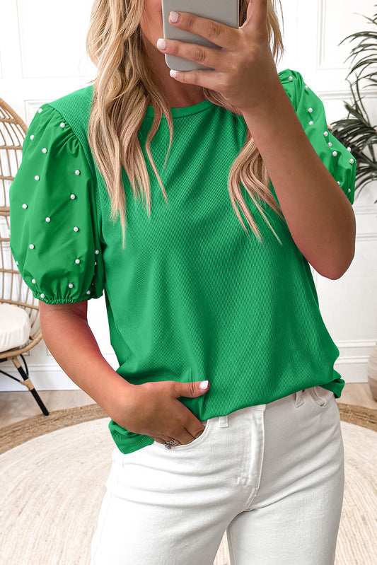 Ribbed & Pearl Puff Sleeve Top