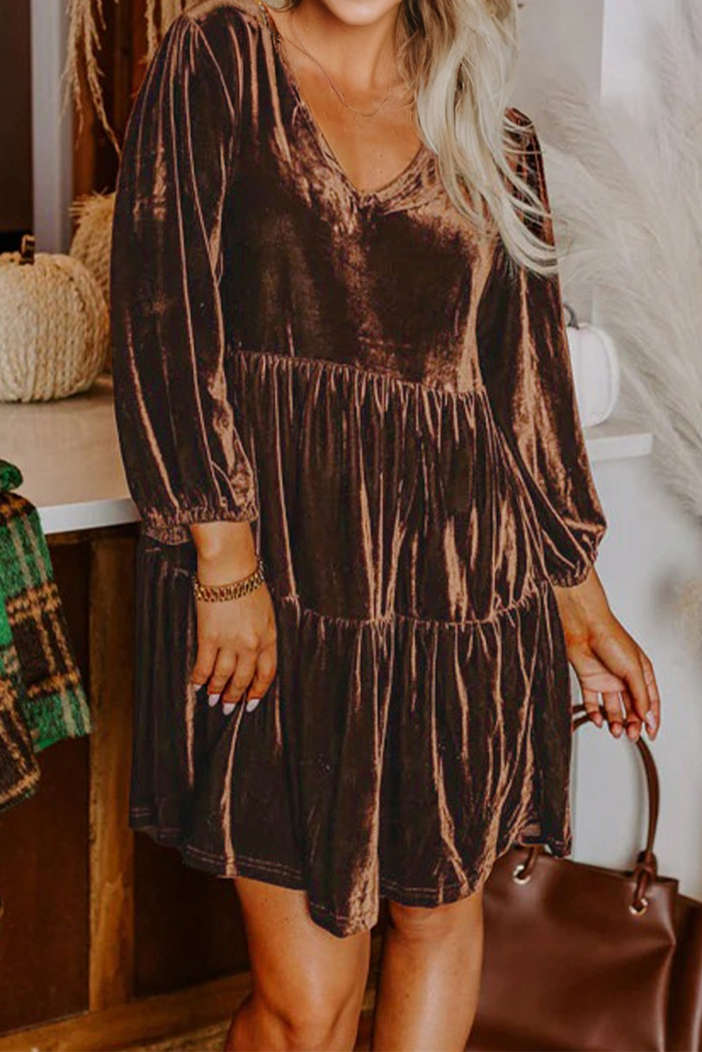 V Neck Long Sleeve Tiered Mini Dress