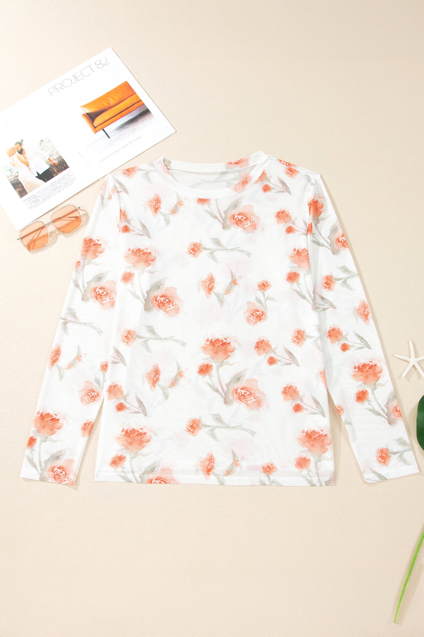 Floral Print Sheer Mesh Long Sleeve Top
