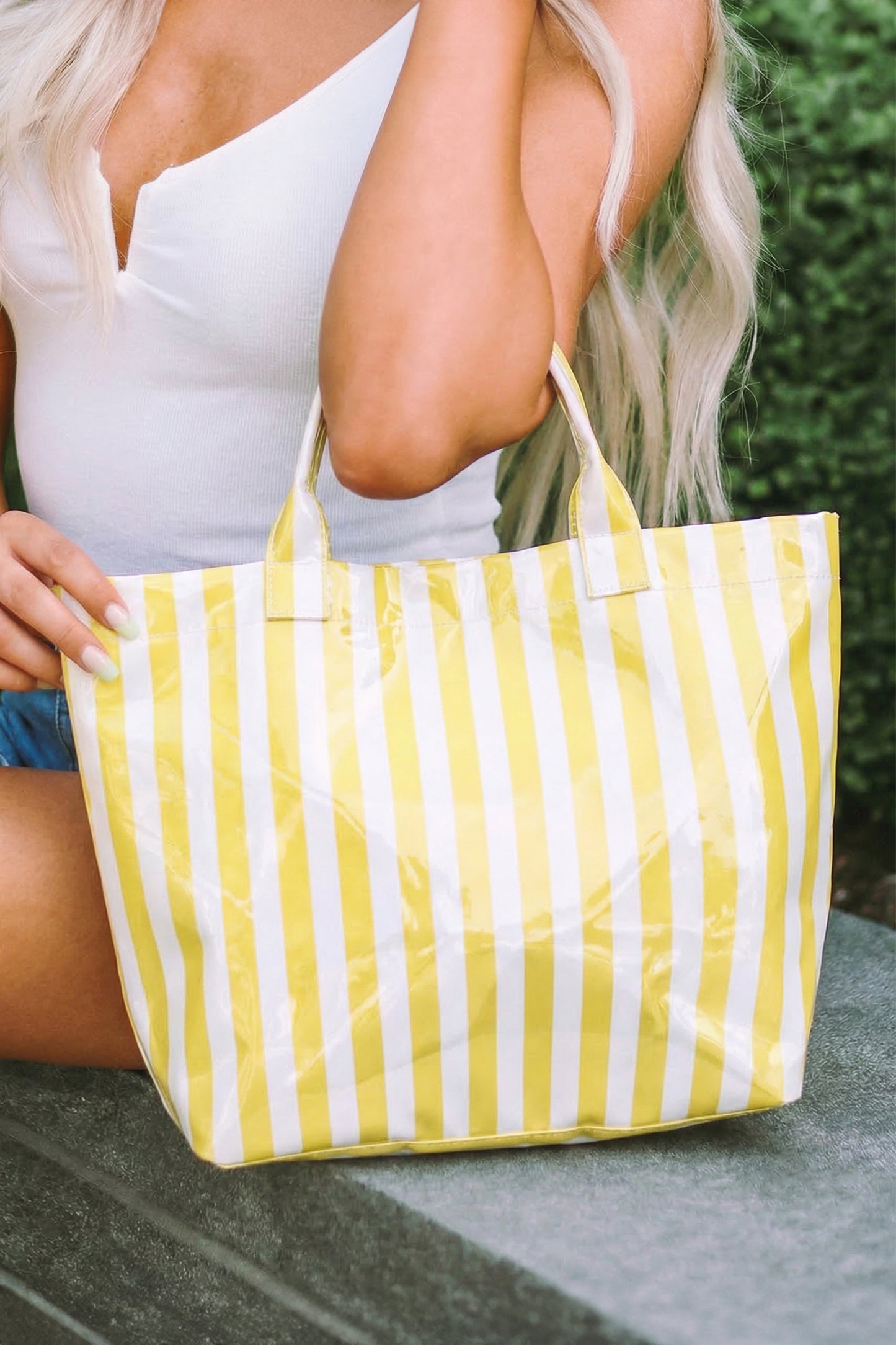 Color black Glossy Striped Vinyl Large Tote Bag (Color Varied)