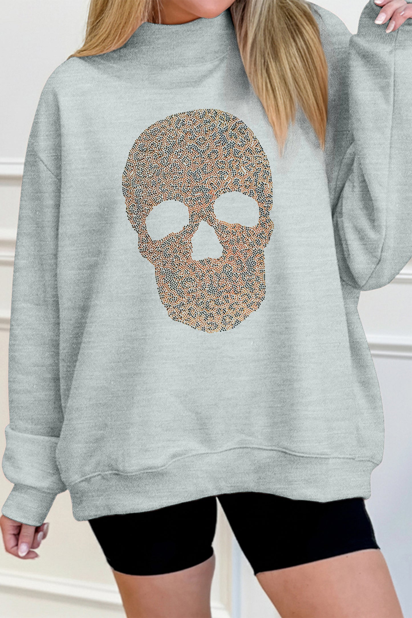 Rhinestone Skull Graphic Mock Neck Baggy Pullover Sweatshirt