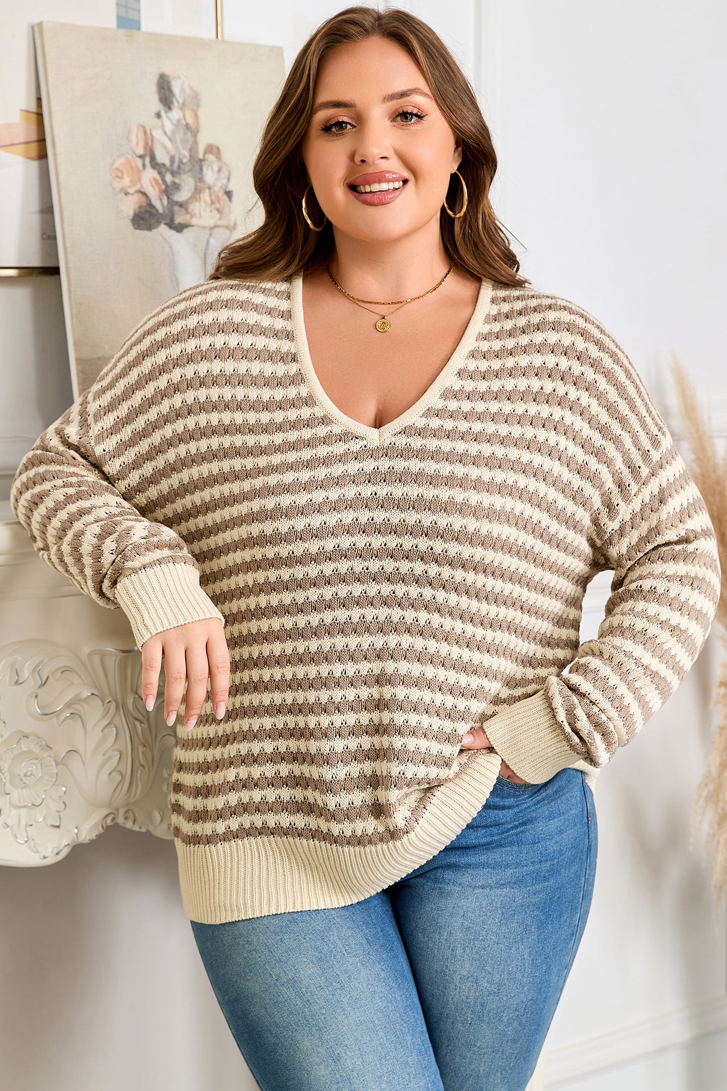 Plus Size V Neck Drop Shoulder Sweater