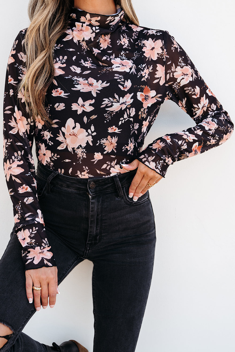 Black Floral Mesh Top